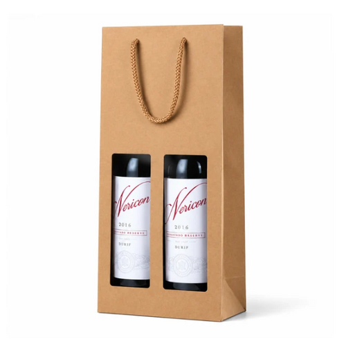 Brown Kraft Window Double Wine Bag (390x180+90mm, 100 pcs, 175gsm)