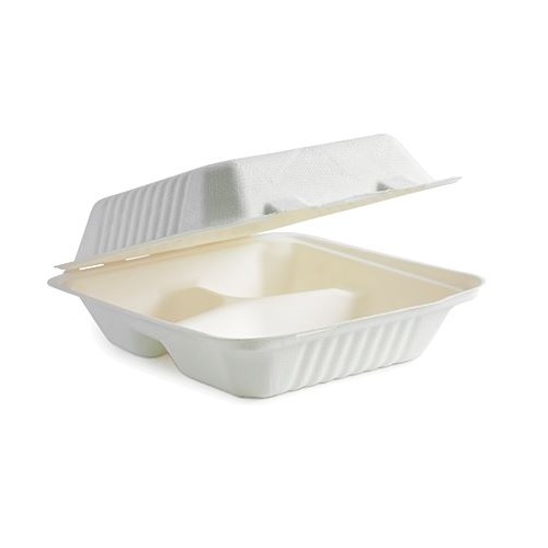 White Sugarcane Clamshell 8x3" 3-Compartment (200/ctn)