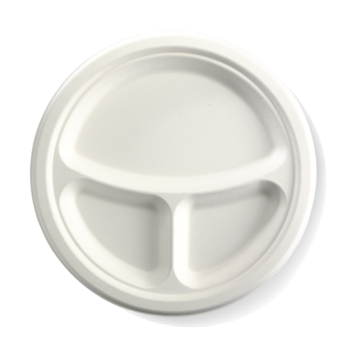 Round Sugarcane Plate 10" w/ 3-Compartment, 500 pcs